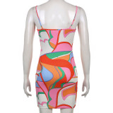 Color block contrast color stitching basic dress U-neck suspenders tight-fitting hip sexy color skirt