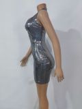 Sexy laser bronzing nightclub dress bag hip short skirt halter one step skirt double layer sleeveless