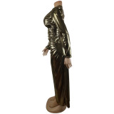 Sexy bronzing long-sleeved V-neck split irregular nightclub long dress dress