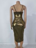 Sexy bronzing nightclub pile pile collar fold irregular suspender dress
