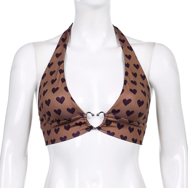 Women's Sexy Heart Metal Buckle Print Lace Up Fashion Bra Bikini