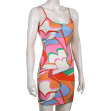 Color block contrast color stitching basic dress U-neck suspenders tight-fitting hip sexy color skirt