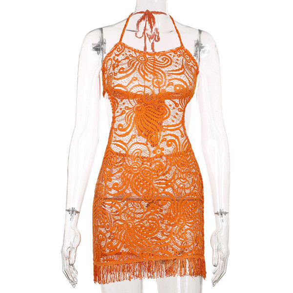 Sexy women's solid color beautiful lace hollow basic tube top suspenders waistless fringed dress