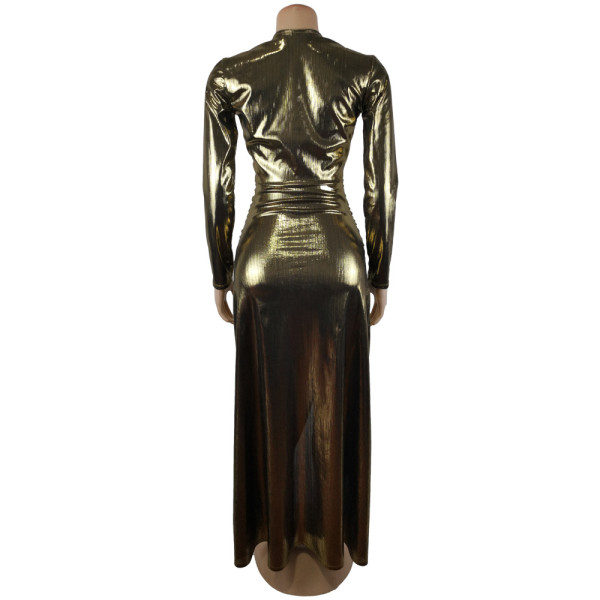 Sexy bronzing long-sleeved V-neck split irregular nightclub long dress dress