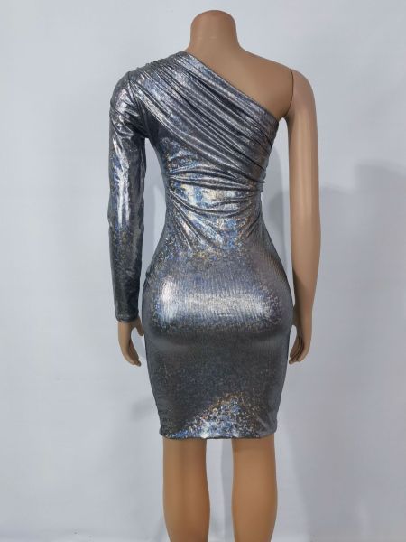 Nightclub sexy laser bronzing single sleeve irregular dress party dress