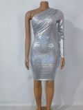 Nightclub sexy laser bronzing single sleeve irregular dress party dress
