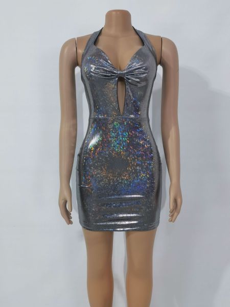 Sexy laser bronzing nightclub dress bag hip short skirt halter one step skirt double layer sleeveless