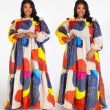 Loose Plus Size Digital Print Oversized Swing Neck Maxi Dress