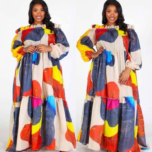 Loose Plus Size Digital Print Oversized Swing Neck Maxi Dress