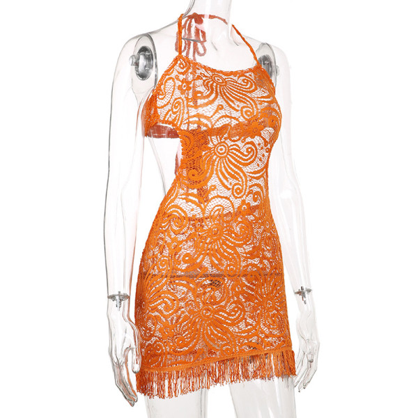 Sexy women's solid color beautiful lace hollow basic tube top suspenders waistless fringed dress