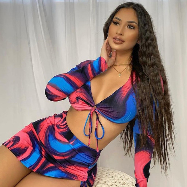 Sexy Contrast Print Lace-Up Long Sleeve Cardigan Crop Navel Split Smocked Skirt Set