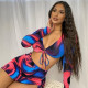 Sexy Contrast Print Lace-Up Long Sleeve Cardigan Crop Navel Split Smocked Skirt Set