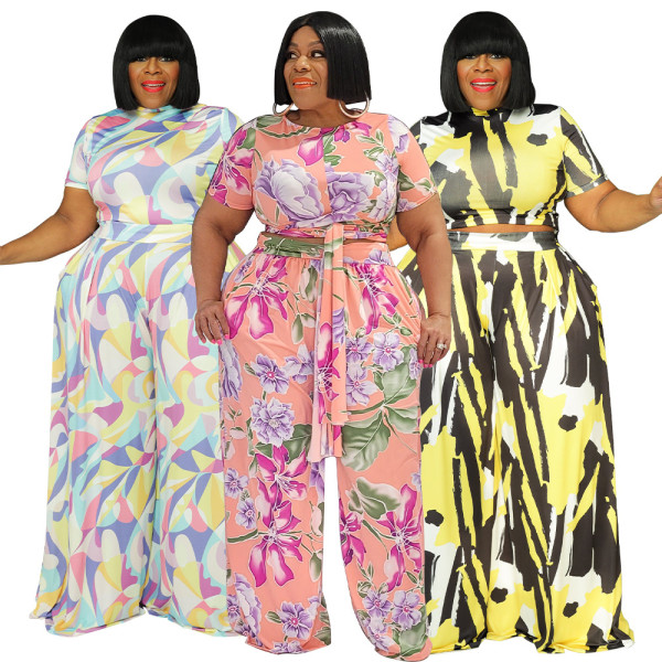 Women's Personality Trend Print Tie Ladies Large Size Two-piece Set