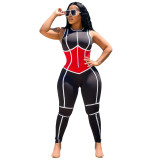 Sexy fashion stitching drawstring slim jumpsuit