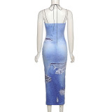 Street shot fashion halter neck backless D3 print slim hip dress