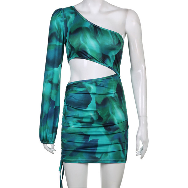 Tie-dye characteristic print slanted shoulder long-sleeved one-shoulder personality temperament commuter stitching bag hip drawstring short skirt dress female
