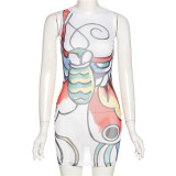 Women's new street style fashion sleeveless round neck mesh print slim hip dress
