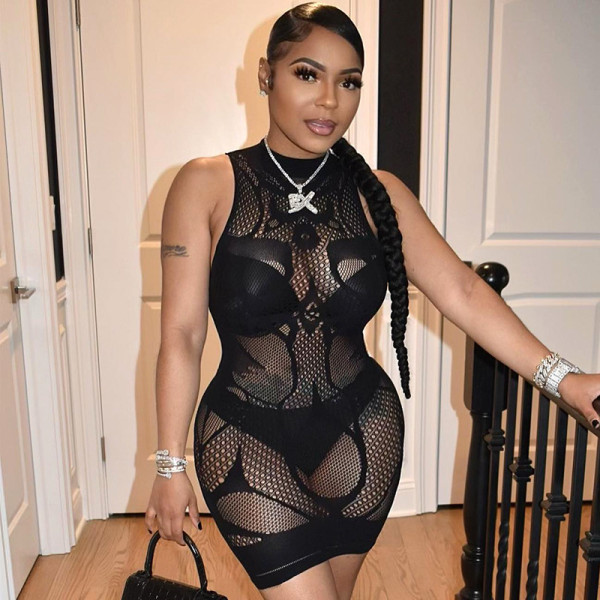 Nightclub Fashion Perspective Net Clothes Sexy Slim Pack Hip Dress