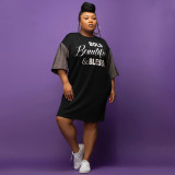 Solid Color Splicing Sleeves Loose Casual Round Neck Women's Large Size T-Shirt Dress Women