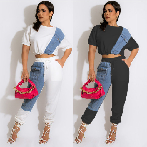 Women's Short Sleeve Denim Patchwork Sports Suit