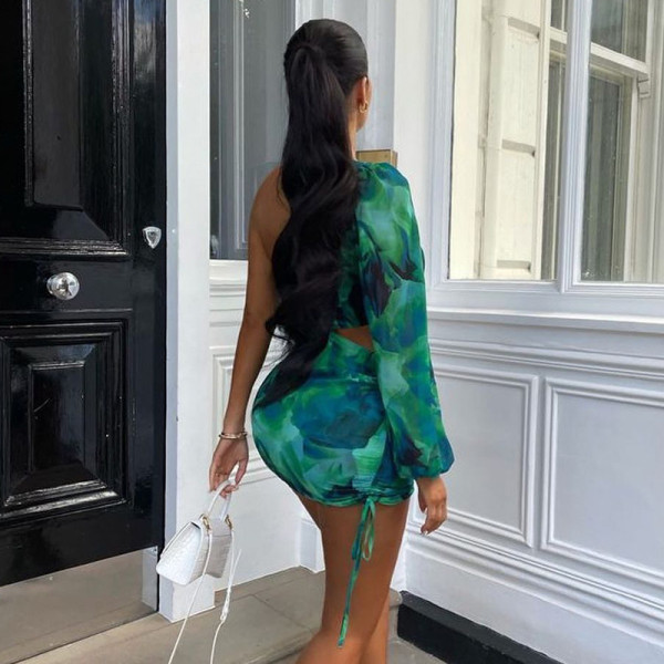 Tie-dye characteristic print slanted shoulder long-sleeved one-shoulder personality temperament commuter stitching bag hip drawstring short skirt dress female