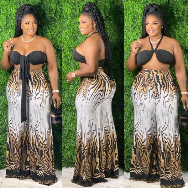 Plus Size Women's New Cross Tie Print Two Piece Pants