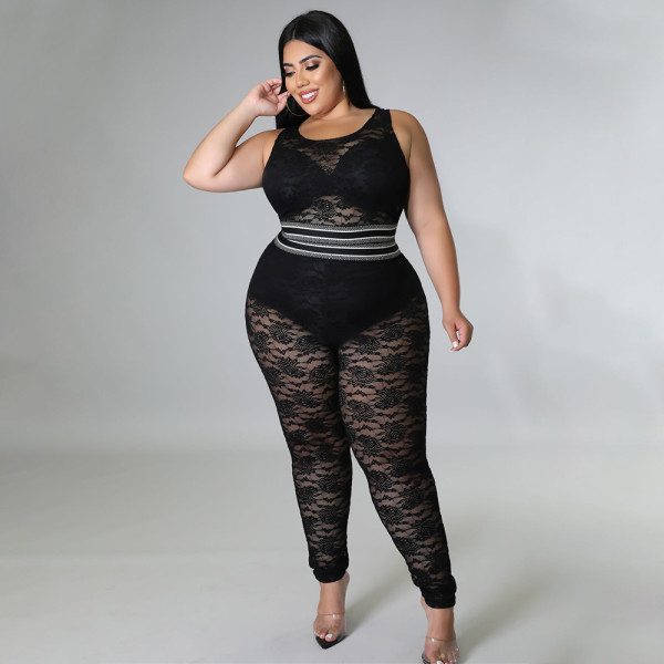 Black vest suit sexy see-through lace pencil pants two-piece set