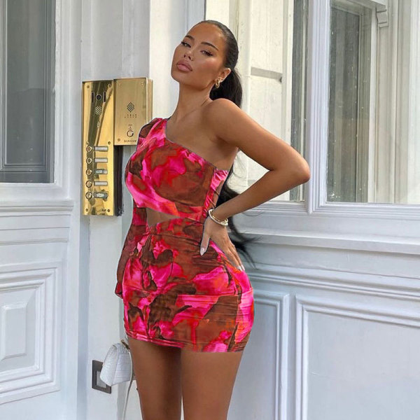 Tie-dye characteristic print slanted shoulder long-sleeved one-shoulder personality temperament commuter stitching bag hip drawstring short skirt dress female