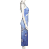 Street shot fashion halter neck backless D3 print slim hip dress