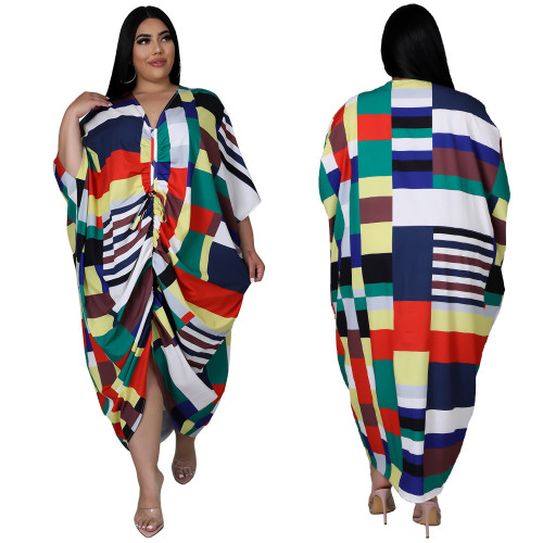 Plus Size Women's Printed Striped Swing Pleated Loose Dress