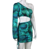 Tie-dye characteristic print slanted shoulder long-sleeved one-shoulder personality temperament commuter stitching bag hip drawstring short skirt dress female