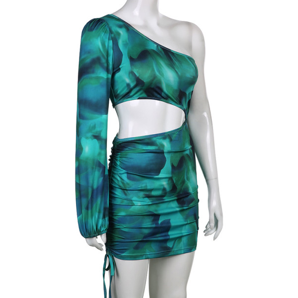 Tie-dye characteristic print slanted shoulder long-sleeved one-shoulder personality temperament commuter stitching bag hip drawstring short skirt dress female