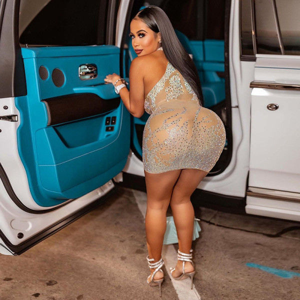 Fashion Mesh Perspective Hollow Out Buttocks Sexy Hot Diamond Sequin Dress
