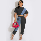 Women's Short Sleeve Denim Patchwork Sports Suit