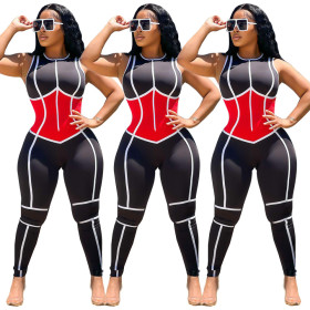 Sexy fashion stitching drawstring slim jumpsuit