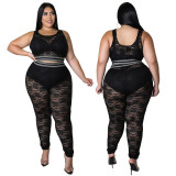 Black vest suit sexy see-through lace pencil pants two-piece set