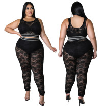 Black vest suit sexy see-through lace pencil pants two-piece set