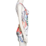 Women's new street style fashion sleeveless round neck mesh print slim hip dress