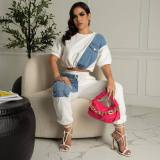 Women's Short Sleeve Denim Patchwork Sports Suit