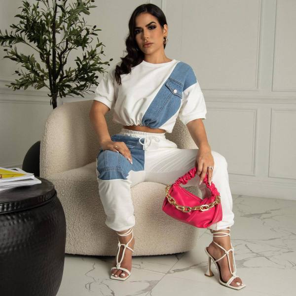 Women's Short Sleeve Denim Patchwork Sports Suit