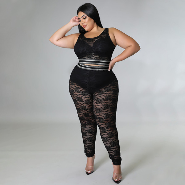 Black vest suit sexy see-through lace pencil pants two-piece set