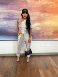 Printed snake print slanted shoulder one-sleeve sexy jumpsuit