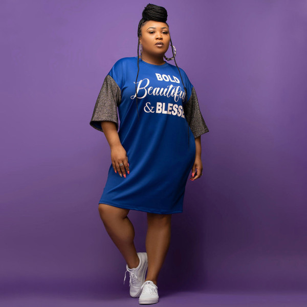 Solid Color Splicing Sleeves Loose Casual Round Neck Women's Large Size T-Shirt Dress Women