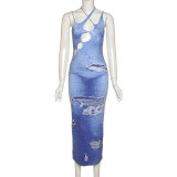 Street shot fashion halter neck backless D3 print slim hip dress
