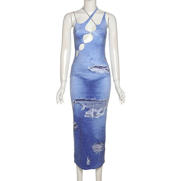 Street shot fashion halter neck backless D3 print slim hip dress