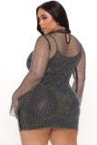 Plus Size Women's Mesh Hot Drill Sexy Dress Two Piece Set
