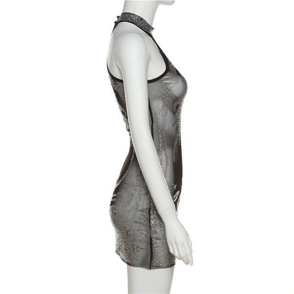 Fashion Mesh Perspective Hollow Out Buttocks Sexy Hot Diamond Sequin Dress