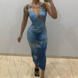 Street shot fashion halter neck backless D3 print slim hip dress