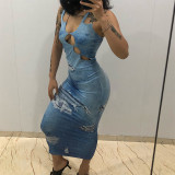 Street shot fashion halter neck backless D3 print slim hip dress