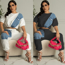 Women's Short Sleeve Denim Patchwork Sports Suit Women's Short Sleeve Denim Patchwork Sports Suit